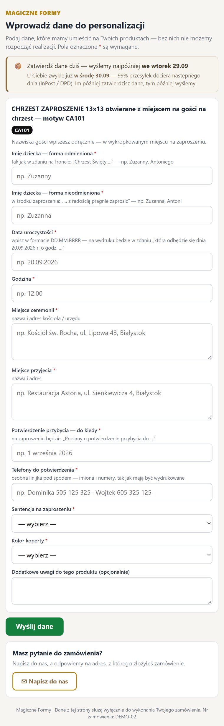 Przykładowa karta personalizacji zaproszenia na chrzest: pola na imię dziecka, datę, godzinę, miejsce ceremonii i przyjęcia